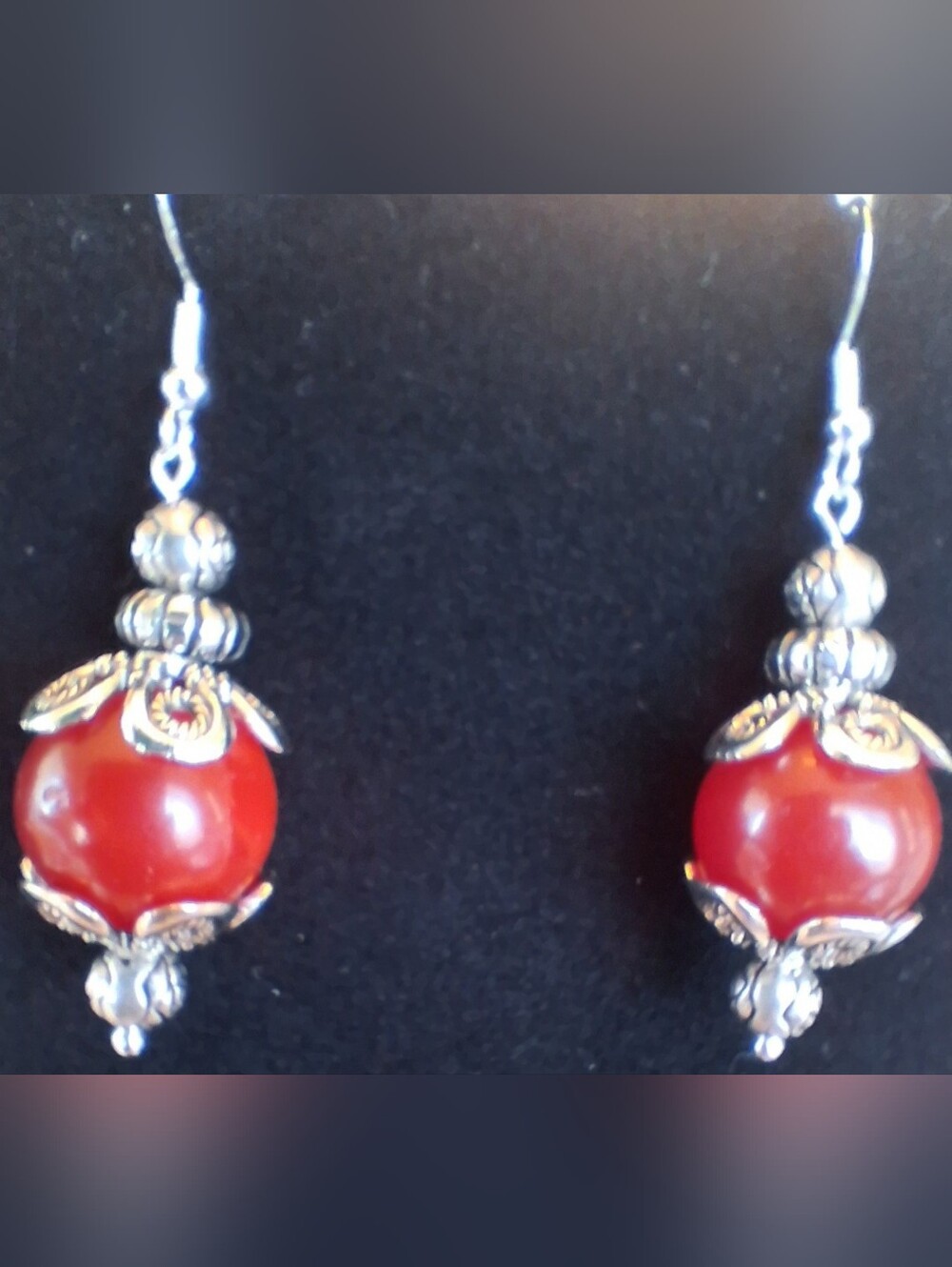 Hand Crafted Silver Accent Red Bead Drop Earrings